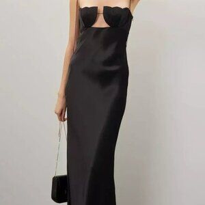 Anna October Tulip Black Satin Tie Strap Sleeveless Maxi Gown Dress